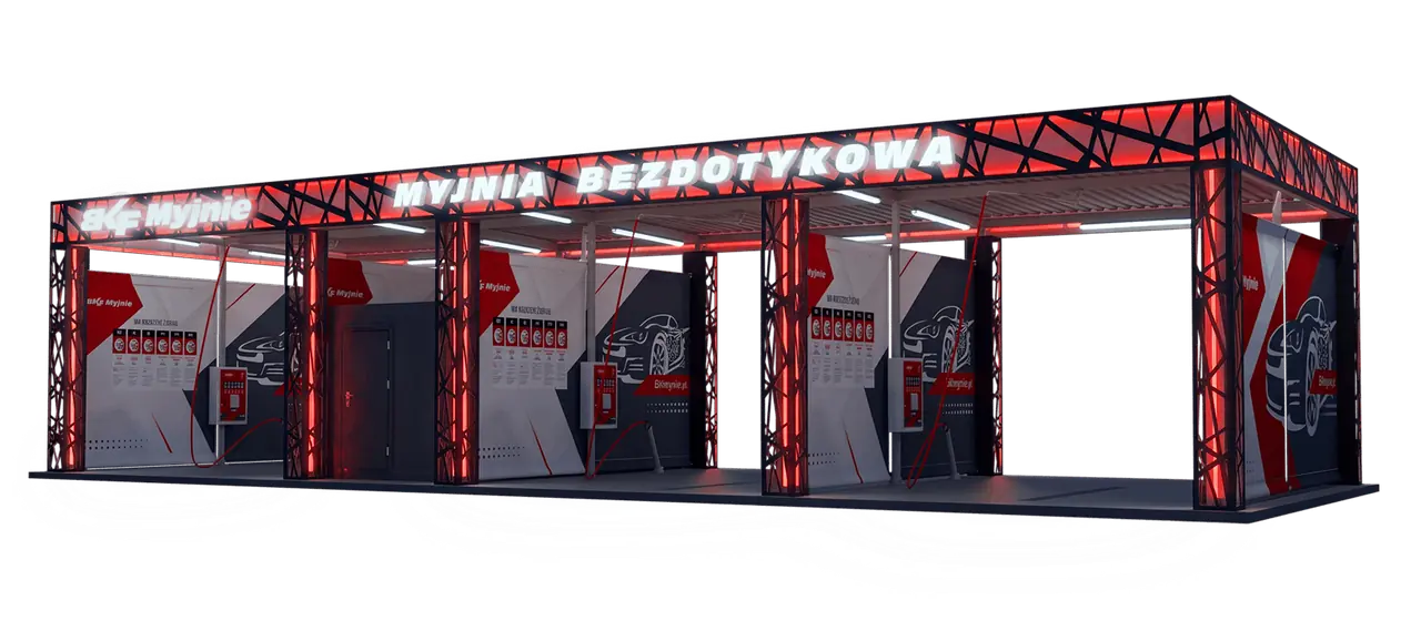 Visualisation of the Lumi construction – container self-service car wash, night view