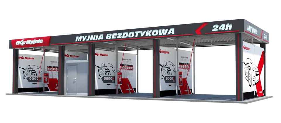 Visualisation of the Premium construction – container self-service car wash, day view